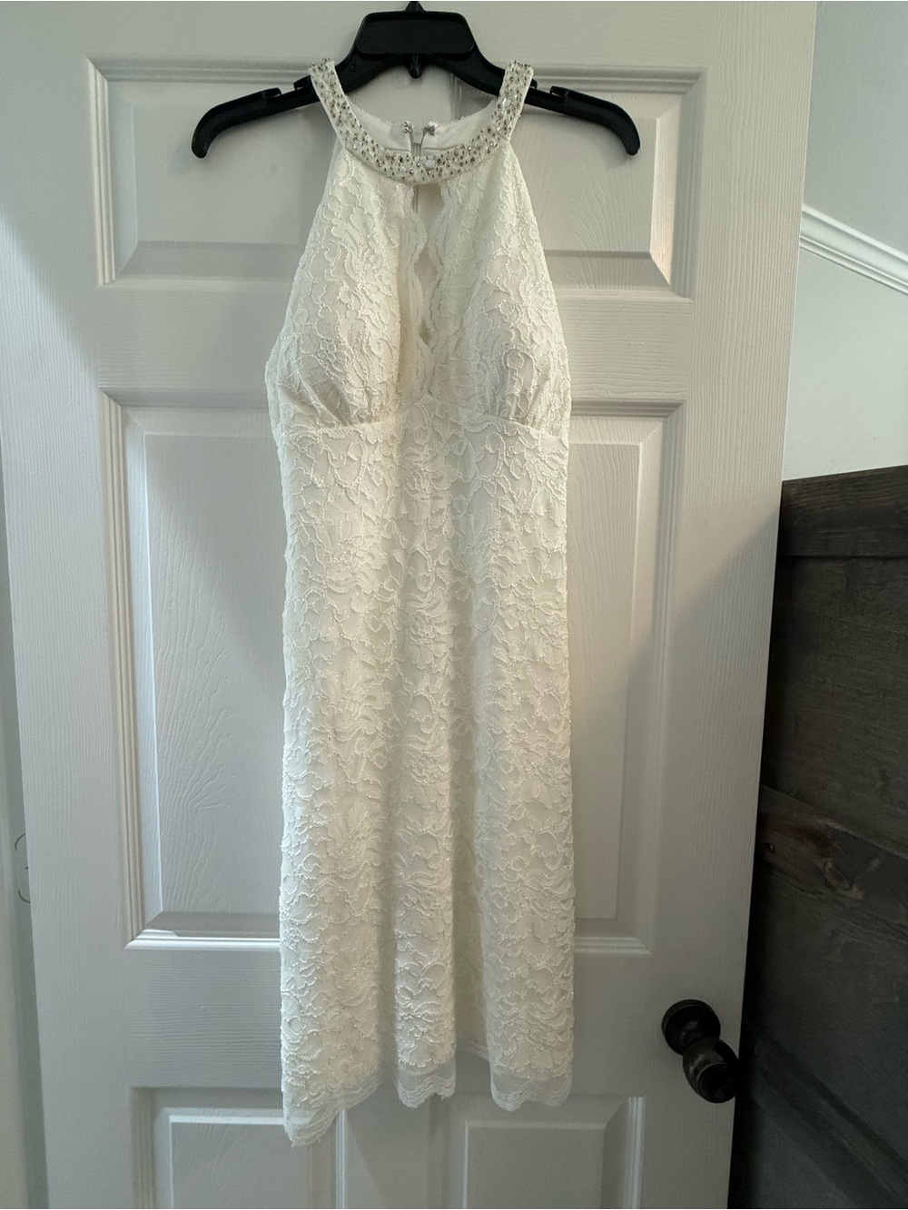 David's Bridal White Lace Halter Midi Dress with Beaded Neckline